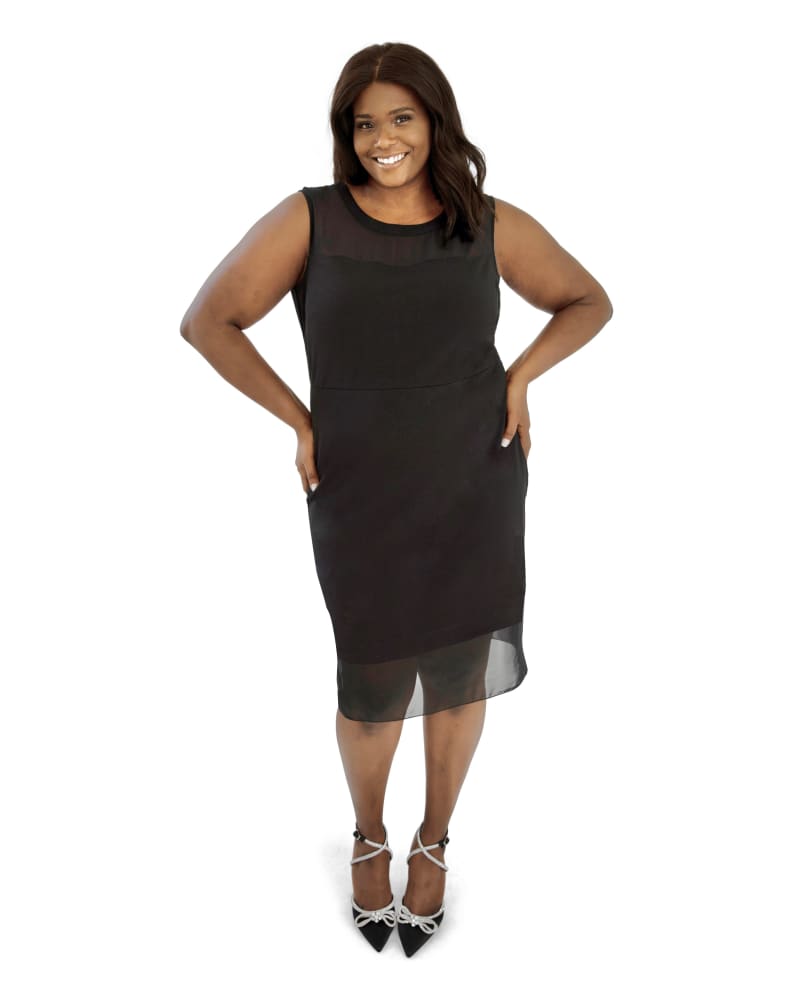 Front of a model wearing a size 20 Sheer Block Midi Dress in Black by Marée Pour Toi. | dia_product_style_image_id:232992